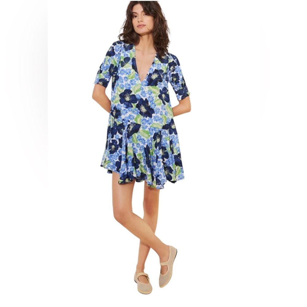 Free People Floral Mini Dress Blue Green Flowy V Neck Size LG Moon Chaser - Picture 13 of 13